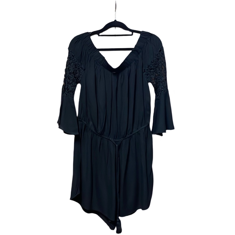 Hint Of Blush Crochet Sleeve Romper - Black - Size L